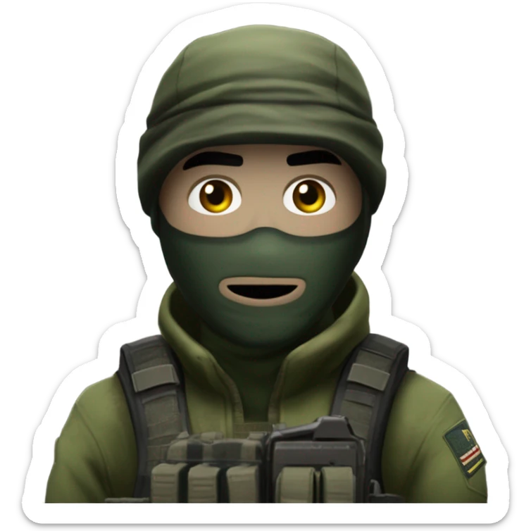 white male, pale skin, call of duty dark mask, green camo tactical gear, combat boots, black beanie, hazel eyes sticker