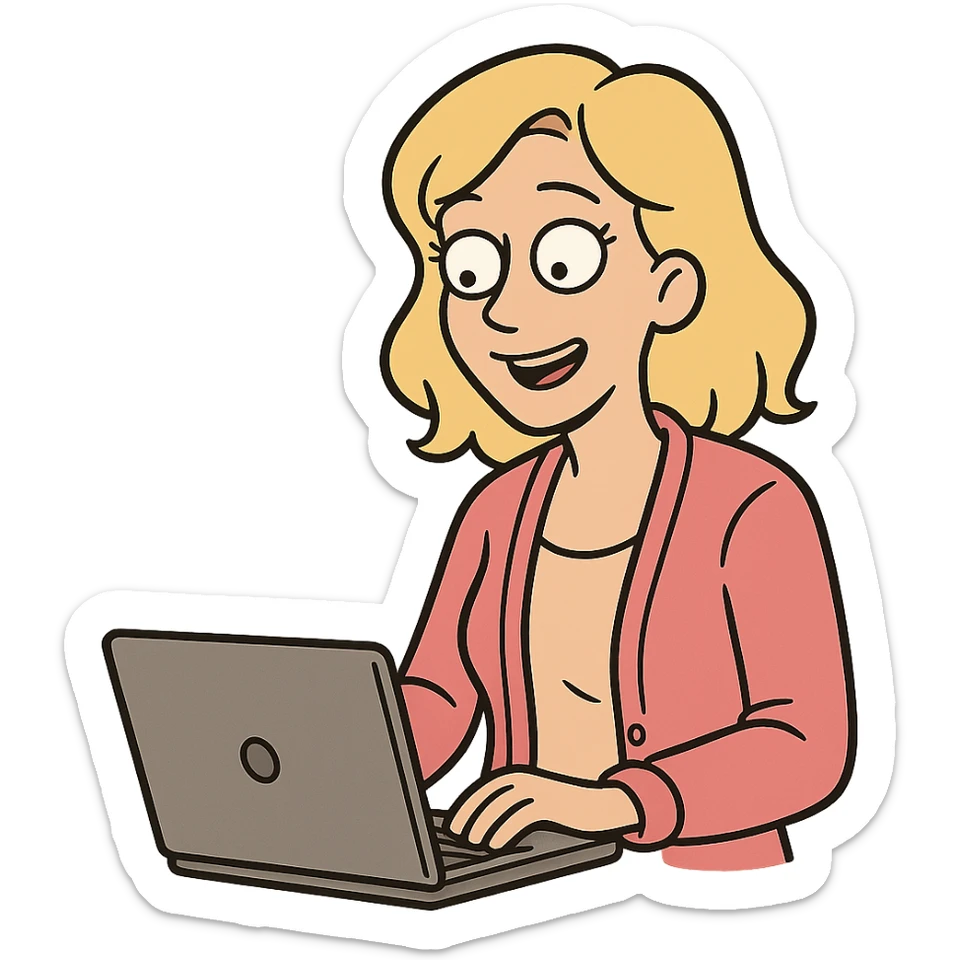 blonde woman in a pink cardigan working on a laptop sticker