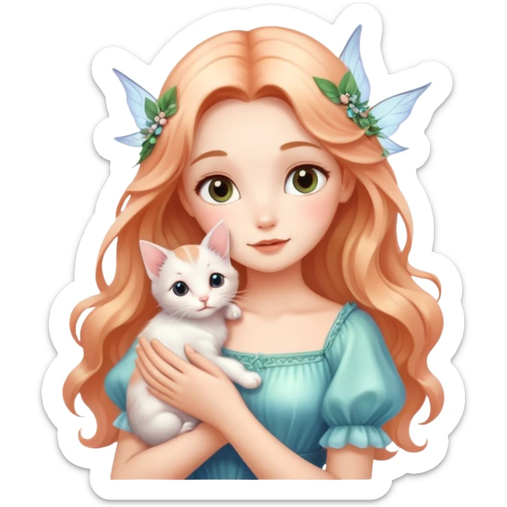 Dreamy beautiful fashion elegant cute shiny lady soft style kawaii beautiful hair fairy style holding a kitten sticker