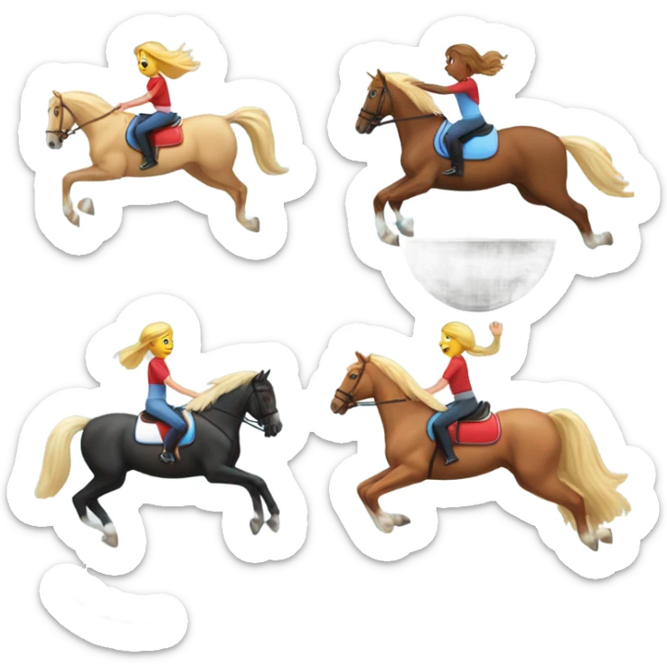 Red round horse with girl jumping over jump, horse wearing light blue saddle pad girl has blonde hair sticker