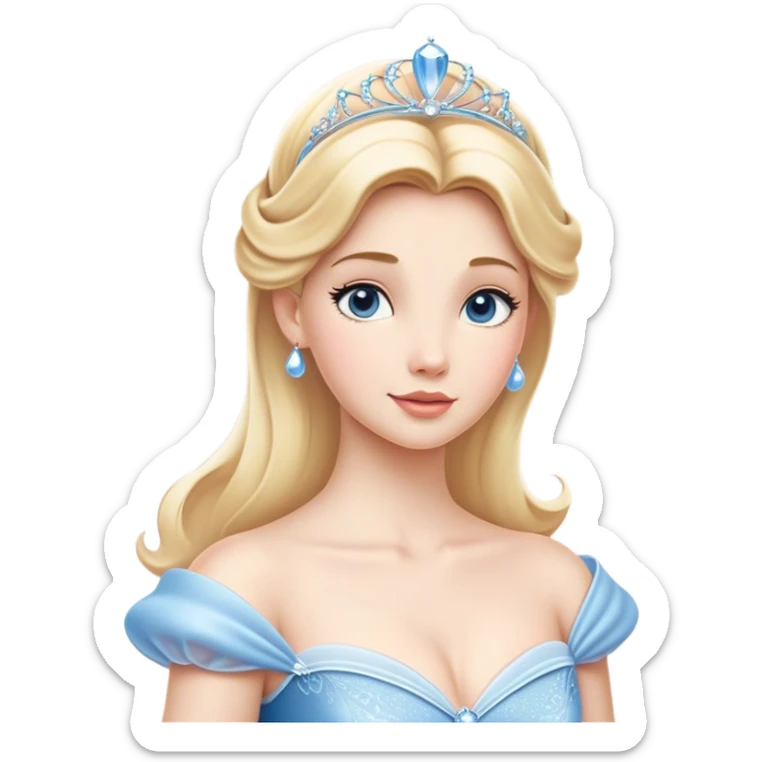 Cinematic Elegant Cinderella Portrait Emoji, rendered in a beautifully detailed, vector-style with minimal shading and bold, simplified shapes. Depict Cinderella in her classic ball gown (chest and above) with fair, porcelain skin and elegantly styled blonde hair, her eyes soft and kind, and her expression serene and graceful. The design glows with a gentle, enchanting radiance and high shine, capturing the timeless beauty of a fairy tale princess. sticker