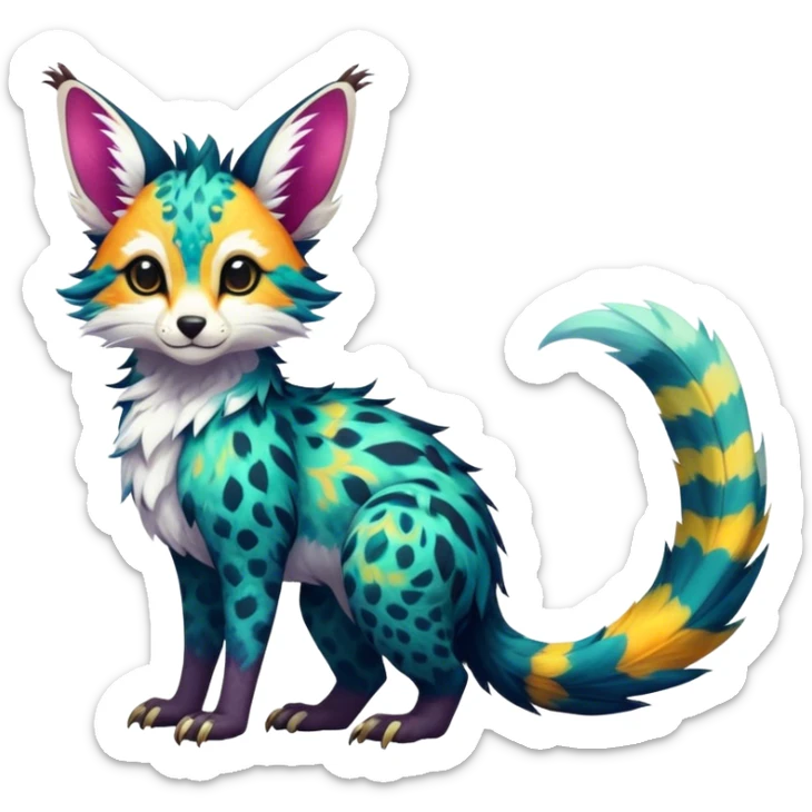 Feral Rare Fantasy vibrant colorful tropical Vernid-Trico-species by LiLaiRa, random markings, tufted tail, tufted ears, full body sticker