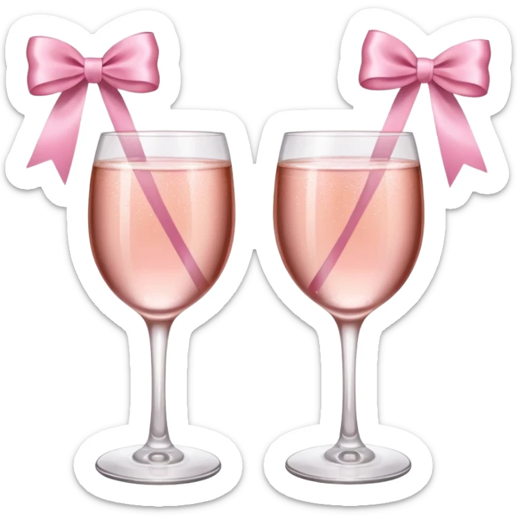 Dos Champagne rosa cruzadas de la parte donde se sostiene con la mano, formando una x, con un listón de moño color rosa claro sin cartas, que sea aesthetic sticker