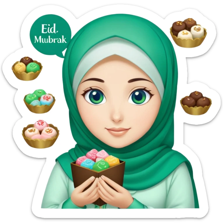 Turkish beautiful finish Konya girl blue eyes with green emerald hijab islamic dress and had on her hand text Eid Mubarak with sweets and celebrating with her friends eid days   sticker