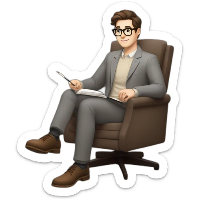 Pale skinned Fit Man With dark brown hair in gray jacket, beige office shirt, Brown pants and vintage glasses sitting In a soft chair with a notebook on spring with emblem Ψ and a pen sticker