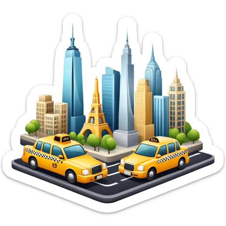 Icon for Urban Tourism: a skyline with iconic city landmarks, like skyscrapers, a subway and a taxi, with travel accessories like a camera and map. The icon should represent the excitement of exploring urban environments. Transparent background. sticker