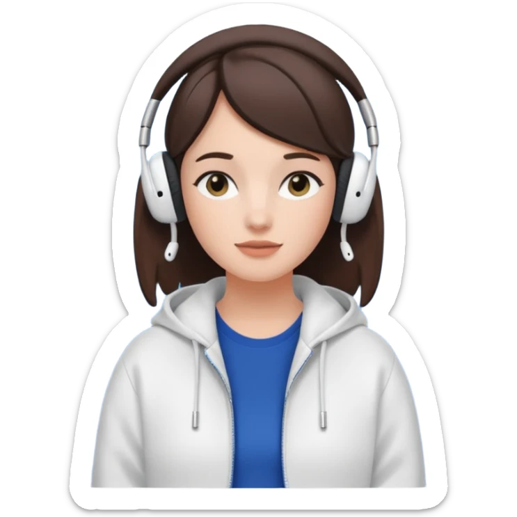 burnette girl listening to music with some AirPods Max sticker