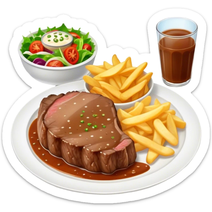 big juicy australian steak meal featuring chips, small salad in a ramikan and gravy in a small bowl on the plate sticker