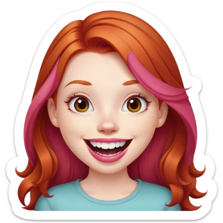 Young girl with pale skin, full pink lips smiling with big teeth, ginger red hair (very long), bigger nose, deep brown eyes (less green), big mouth sticker