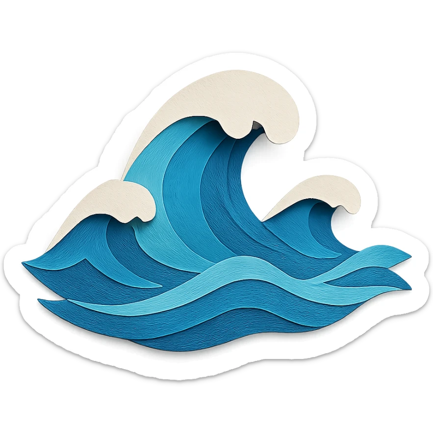 illustration of ocean waves made of layered blue paper with white foam accents in paper-craft style sticker