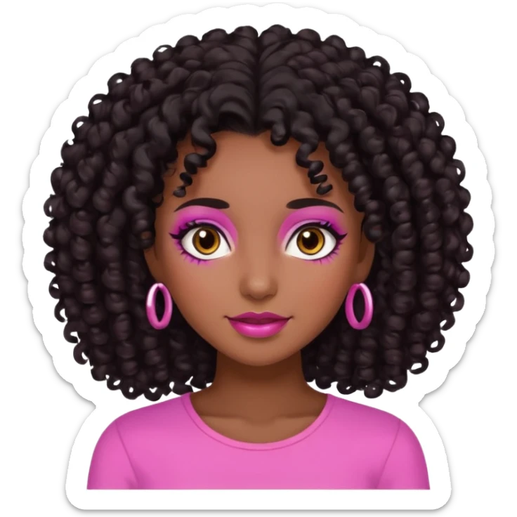 emoji of a young woman with dark brown skin, abundant curly black hair, brown eyes, pink-toned makeup, friendly expression sticker