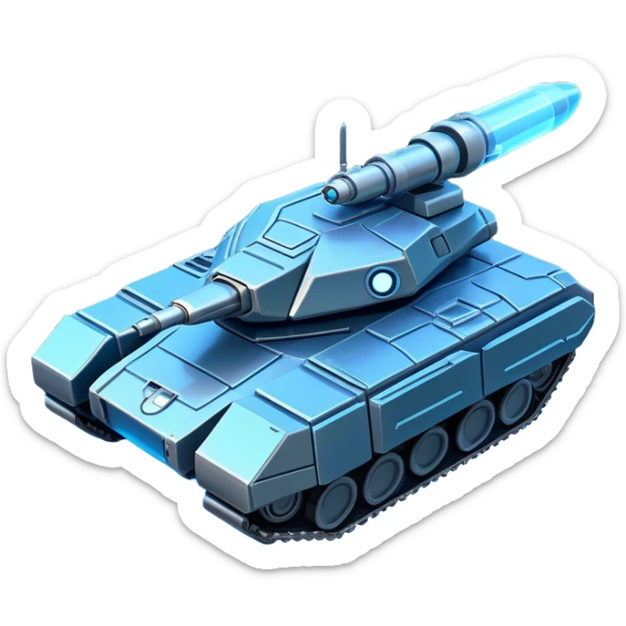Clash of Clans aesthetic: Cinematic heroic Space Tank Emoji, rendered in a 3D vector-style similar to standard emojis with minimal shading and bold, simplified shapes. A robust, isometric armored vehicle with sleek futuristic plating and energy cannons, softly glowing with a high-tech cosmic combat charm. Simplified yet unmistakably iconic, highly detailed and consistent, glowing with a soft radiant shine and high gloss. Stylized with a touch of intergalactic warfare and a soft glowing outline, capturing the essence of a futuristic battle machine with a friendly, playful spirit! sticker
