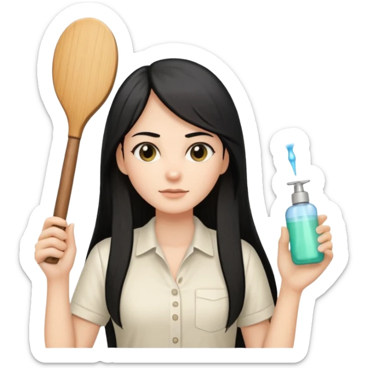 A white woman with long, straight black hair, wearing an ivory-colored shirt, holding a wooden paddle hairbrush in her left hand and spraying a hair mist bottle with her right hand toward her hair. sticker