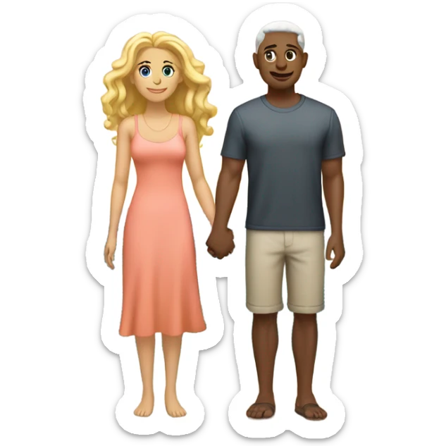 Man short salt and pepper hair holding hands with beautiful woman long bright blonde colored hair both on beach watching oceans waves and sunset  sticker