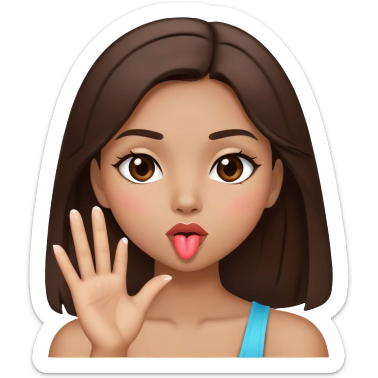 brunette girl, a tone not so dark but not so light, with straight dark brown hair who is blowing a kiss sticker