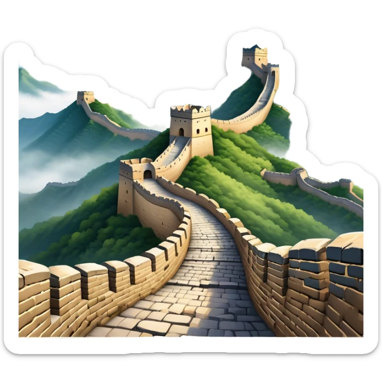 Cinematic Realistic Great Wall of China Landmark Emoji, depicted with ancient stone pathways winding over rugged mountains, watchtowers punctuating the misty landscape, and soft golden sunlight casting dramatic shadows. sticker