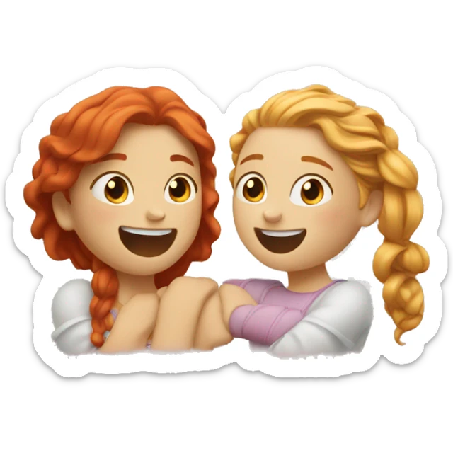 Two girls, one is redhead, the other is blonde, they hug and laugh sticker