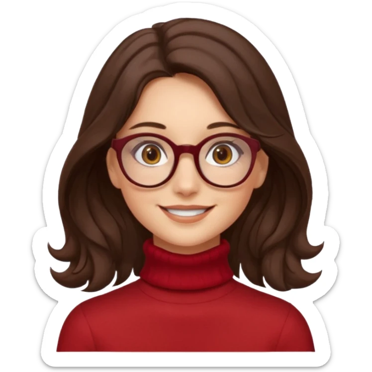 A girl has fair skin wavy dark brown hair, has glasses and almond brown eyes wears red turtle neck has long hair and so pretty sticker