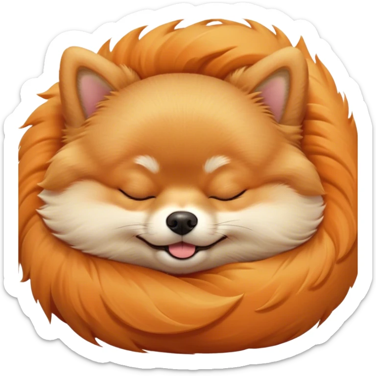Meme-Worthy Cute Sleeping Orange Pomeranian Portrait Emoji, Head resting peacefully with a contented smile, showcasing a delightfully compact build and a luxuriously soft, fluffy orange Fur, eyes shut in a serene nap, Simplified yet hilariously adorable features, highly detailed, glowing with a soft, drowsy light, high shine, relaxed and utterly lovable, stylized with an air of playful laziness, bright and heartwarming, soft glowing outline, capturing the essence of a comically sleepy companion, so meme-worthy it feels like it could instantly become the next viral sensation of adorable slumber! sticker