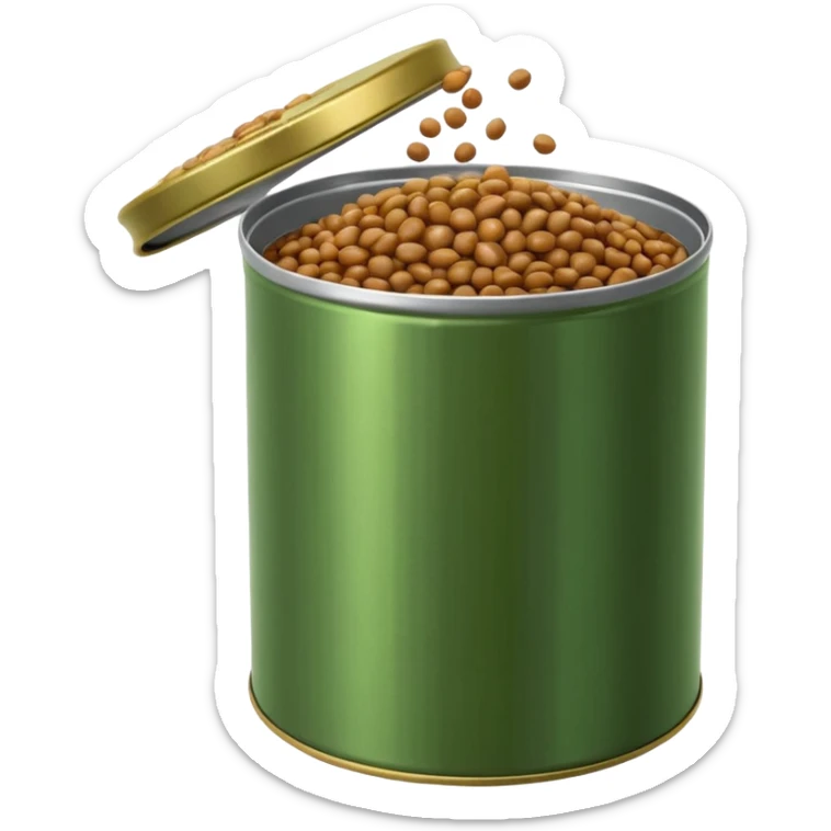 glossy pile of brown-green cooked lentils inside an open tin can, moist and shiny, soft rounded shapes, a few lentils spilling near the edge, no spoon, no label, no garnish, soft lighting, subtle shadows, transparent background, emoji scale sticker