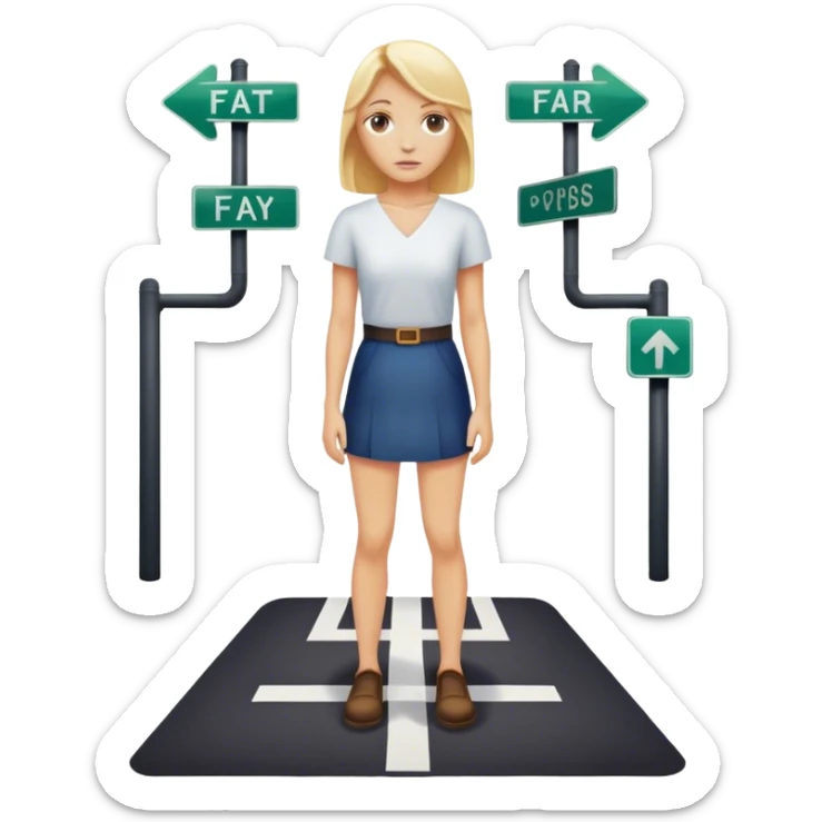 back of blonde woman stands In front at a crossroads between two paths—one illuminated, the other in shadow... scary and sunlight ... sticker