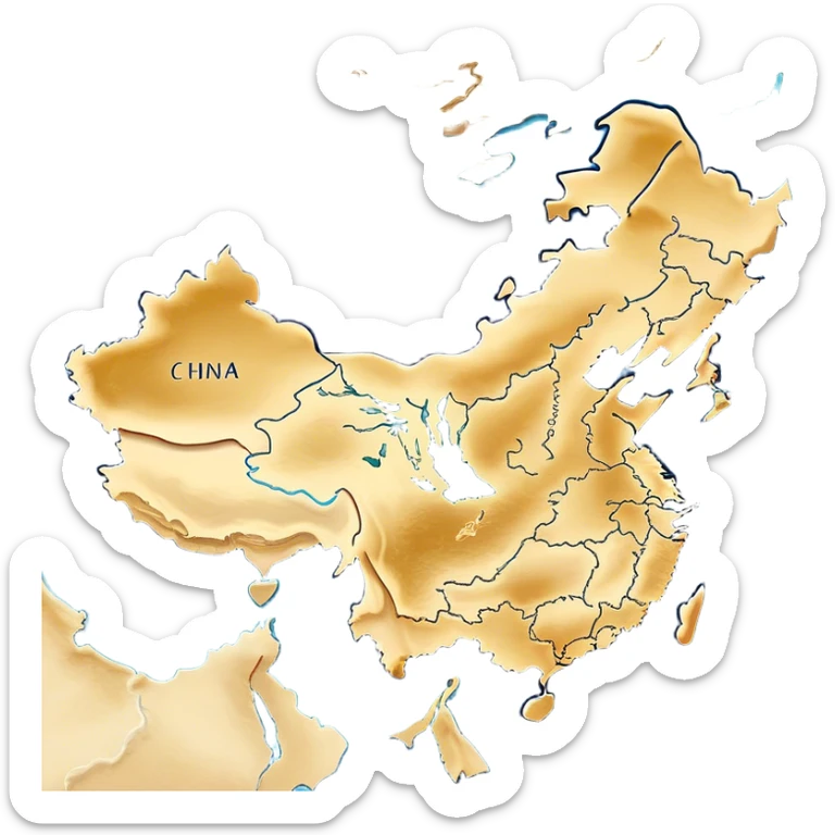 Cinematic-realistic outline of china, featuring its distinct landmass with accurately defined coastlines. The deep blue ocean surrounds the golden-brown continent, with subtle topographic shading to highlight its terrain. A soft glowing effect enhances the edges, making the shape stand out against a neutral, textured background. sticker