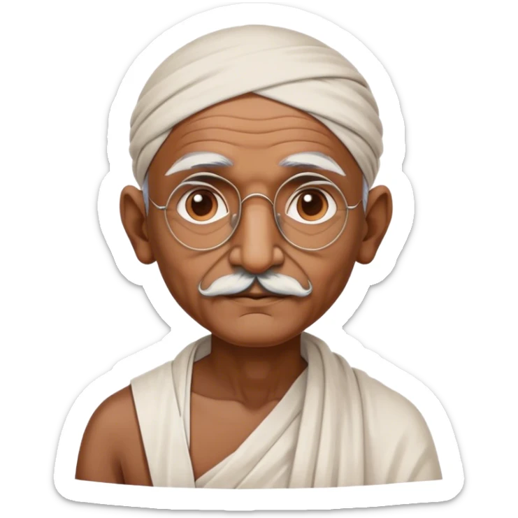 Cinematic Realistic Mahatma Gandhi Portrait Emoji, depicted as a humble, wise leader in simple attire with a serene determined expression, rendered with soft textures and warm natural lighting that captures his peaceful yet resolute spirit. sticker