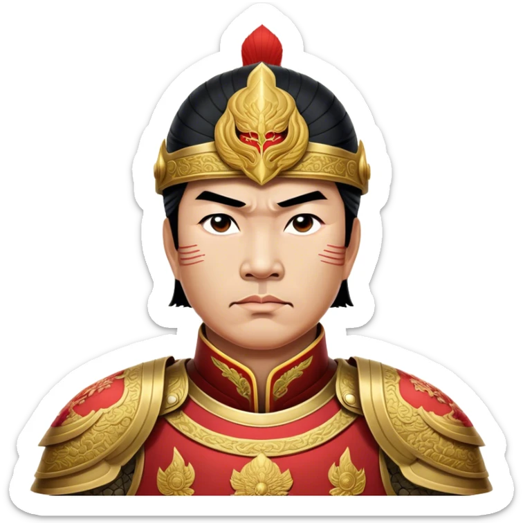 Trần Hưng Đạo – Cinematic Realistic Portrait of Trần Hưng Đạo, depicted as a revered Vietnamese general in traditional armor with a determined gaze, rendered with intricate historical textures and dynamic lighting that highlights his legendary martial spirit and leadership. sticker