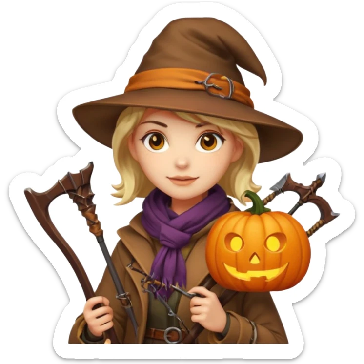 female human monster hunter emoji, wearing brown coat and hat, holding crossbow, soft smile, scarf, glowing pumpkin by her side, Halloween fantasy style, clean vector Apple emoji look, bright colors, white background, square sticker