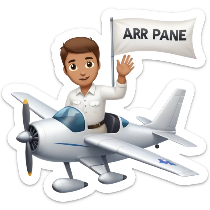 Man with brown hair in white shirt flying plane with banner  that says arr behind the plane sticker