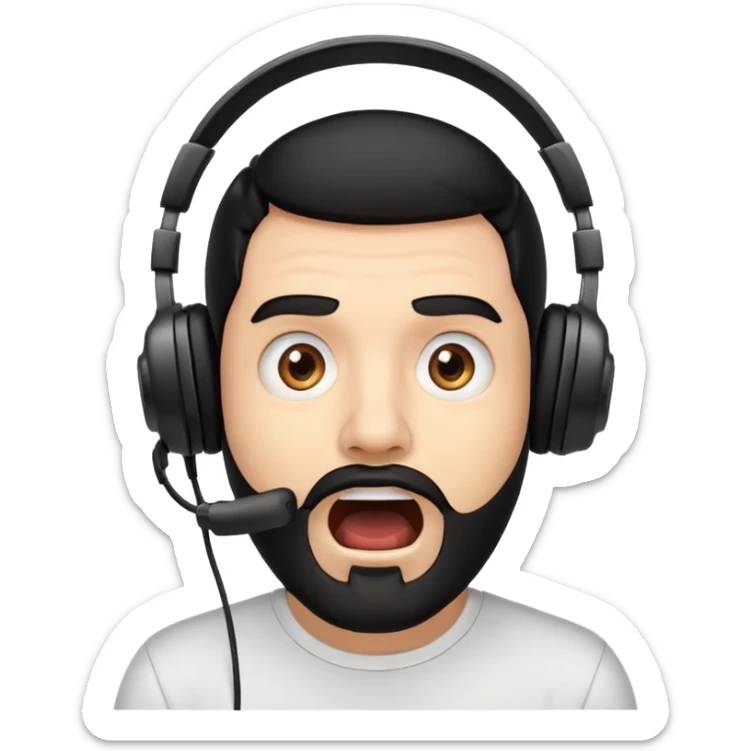 Very shocked man with wide eyes, open mouth, black hair, brown eyes, black beard wearing a gaming headset sticker