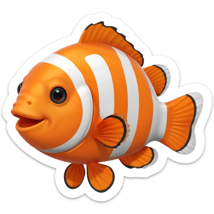 Full body of a clownfish with bright orange and white striped body, small fins, rounded tail, big black eyes, smiling expression, cartoon style, floating in water, front-facing sticker