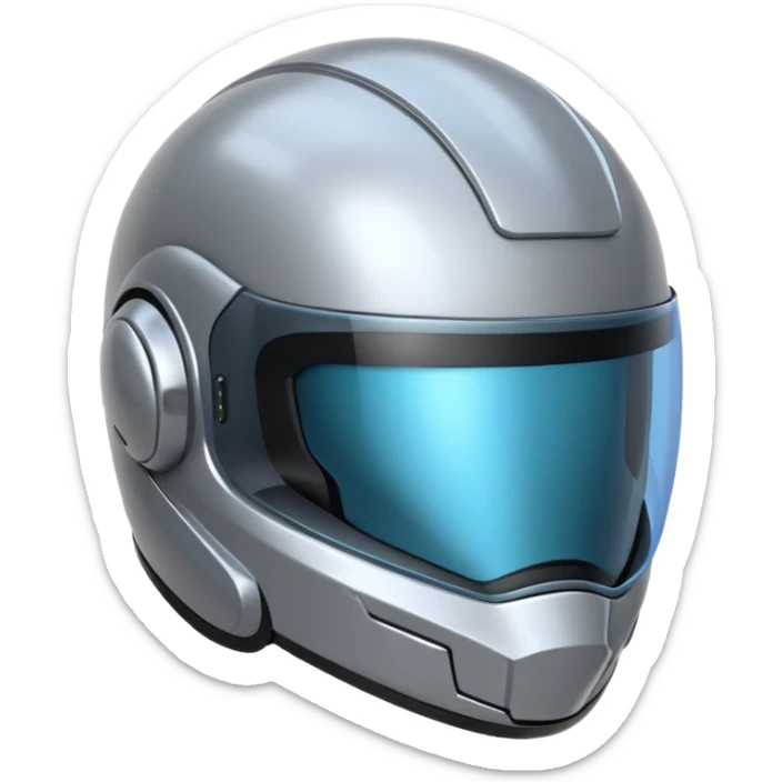 A futuristic helmet emoji made of silver chrome, smooth aerodynamic shape, minimal visor detail, reflective metallic surface, sci-fi aesthetic, iOS emoji style, centered on clean white background sticker
