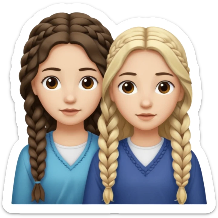 Sister with long wavy loose flowing blonde hair and  sister with DARK BROWN HAIR WITH ONE BRAID on one side.   sticker