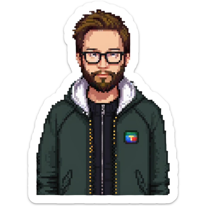 pixel art portrait of a person with glasses, beard, and a zip-up jacket, inspired by the reference photo sticker