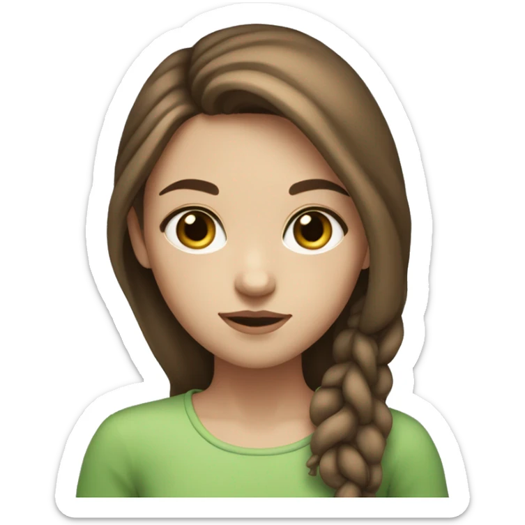 The girl has blue and green mixed eyes, brown hair, has blues on the front of her hair and white skin sticker
