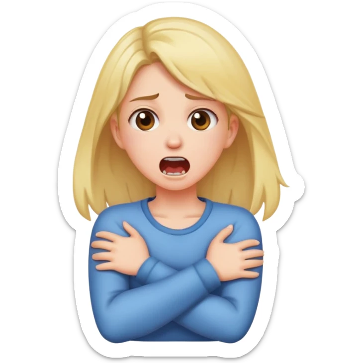 a girl crossing her arms while holding her neck with a screaming face  sticker