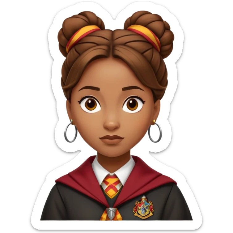 Angelina Johnson in harry potter, wear hogwarts gryfindor uniform,  thick, brown knot bun hair , reflecting her bold, stylish, and strong personality sticker