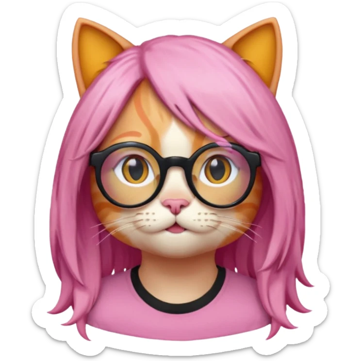 Orange Yellow cat wearing a long pink hair wig, black circle glasses, white T-shirt sticker