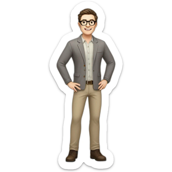Joyful Full height Pale skinned Fit Man With dark brown hair in gray jacket, beige office shirt, Brown pants and vintage glasses. His thrumbs up sticker