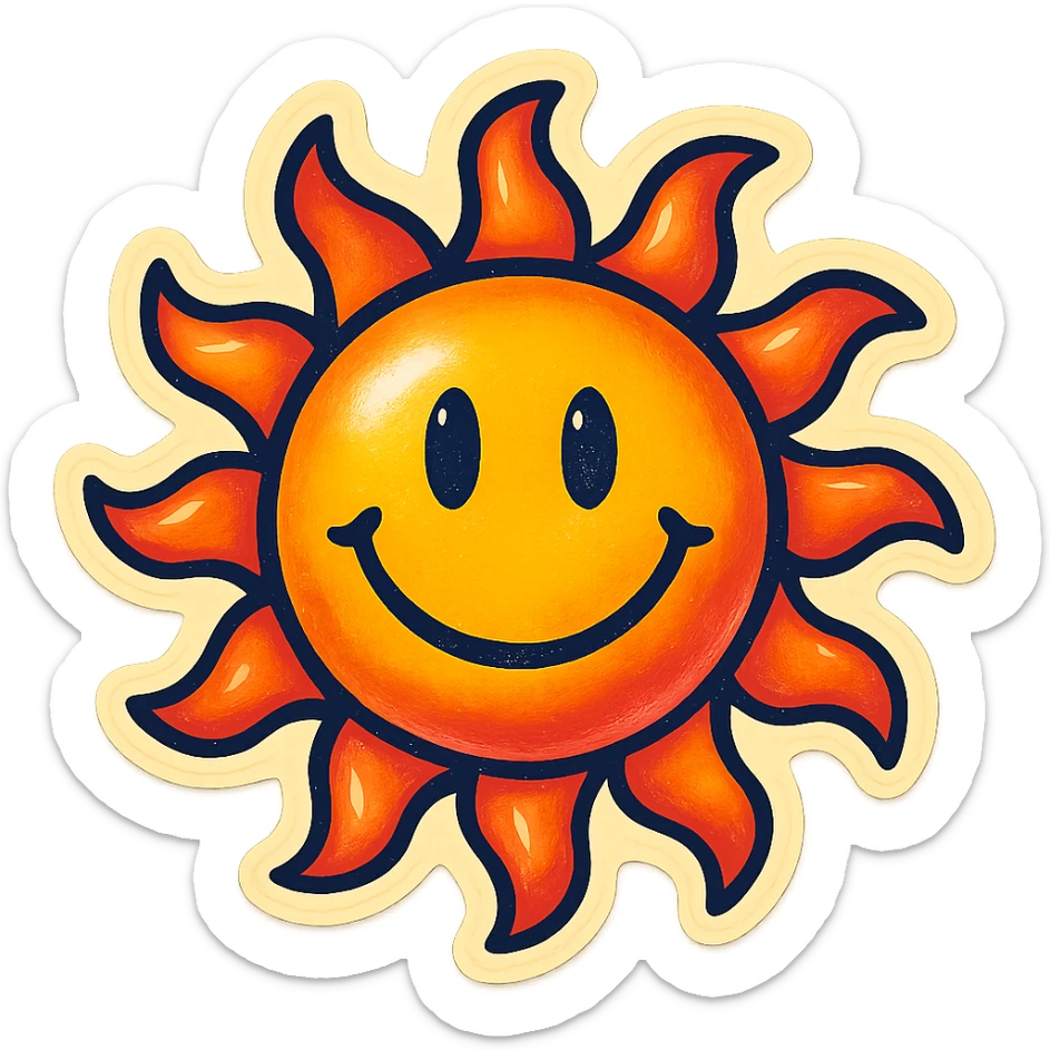 retro sticker art of a smiling sun with bold lines, no border, transparent background sticker