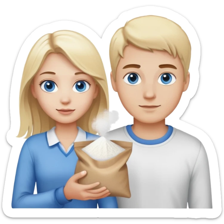 Blonde guy with blue eyes and blonde girl with brown eyes holding a bag of white powder sticker