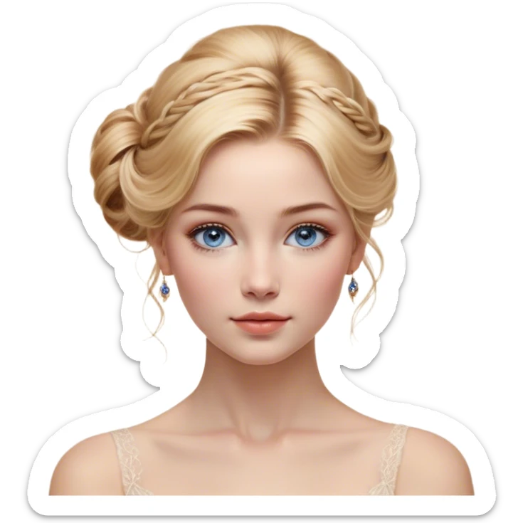 Cinematic Realistic Cinderella Portrait, depicted with lifelike skin texture, subtle rosy undertones, and soft natural lighting that enhances the gentle contours of her face. Her intricately detailed golden blonde hair is elegantly styled in an updo, with delicate wisps framing her face for added realism. Her deep, expressive blue eyes radiate warmth and sincerity, reflecting a quiet resilience and grace. She is dressed in her iconic ball gown, the fabric shimmering with intricate embroidery and fine translucent layers that catch the light beautifully. The soft sheen of satin gloves and the delicate sparkle of a glass-like slipper peeking from beneath her dress add a touch of magical realism. The portrait features an enchanting glow with a natural, luminous finish, seamlessly blending realism and fairytale charm to evoke a sense of depth, elegance, and timeless beauty. sticker