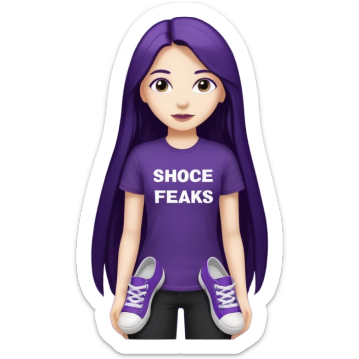 Girl dark purple long hair black tshirt "shoe freaks website " in white letters sticker
