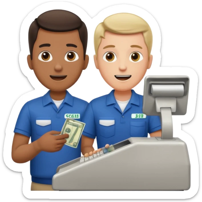 Supermarket employee at a cash register, full body, serving a man surprised sticker