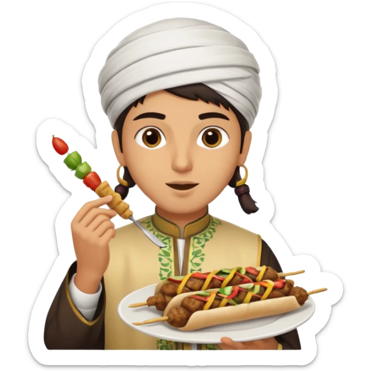 young Lebanese person in traditional arabic outfit eating kebab sticker