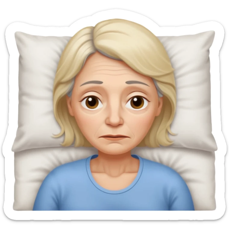 A 55-year-old woman lying in bed. She looks exhausted and desperate, with visible dark circles under her eyes, tired facial expression. sticker