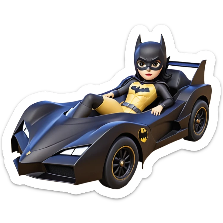 scale racing sexy fitted Batgirl’s masculine midnight-colored tight outfit 1970’s tv style dark knight stealthy accurate sporty safe plush deluxe off-road pursuit drifting F1 car lexus (black hair,reclining and relaxed torso and shoulders back against seat) rally sticker