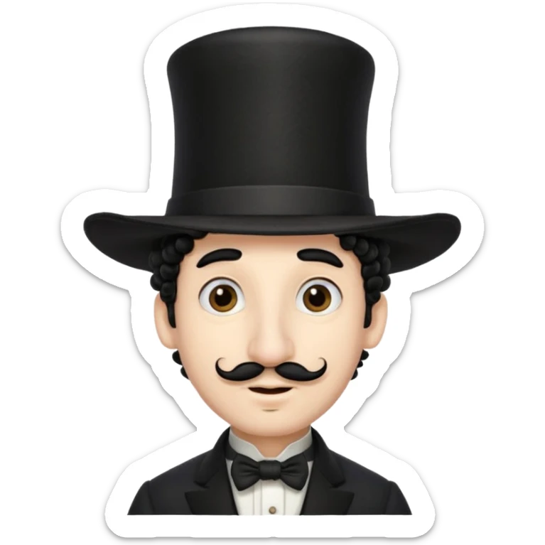 A man with a big nose and a black hat like a top hat but round and all black, with a strand of curly hair coming out from both sides of the hat, the strand of hair should be long and just 1 hair  sticker