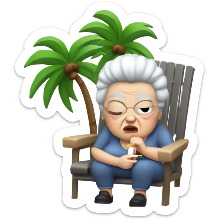 An angry old looking , short fat white lady with grey  hair , with a cigarette in her mouth ,sitting outside next to palm trees , on a grey small plastic chair sticker